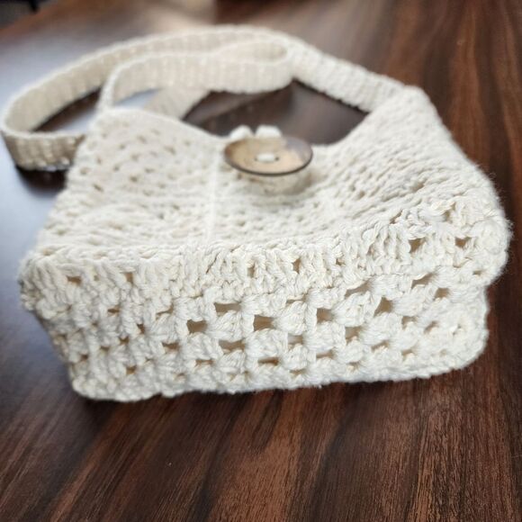 New Handmade Crochet Cotton Granny Square Crossbody Mini Bag Lined Purse Cream - Picture 5 of 11